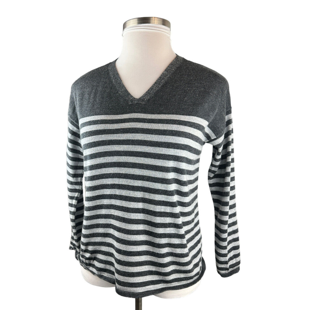 Eileen Fisher 100% Merino Wool V-Neck Sweater Striped Gray Small Quiet Luxury - Picture 7 of 10